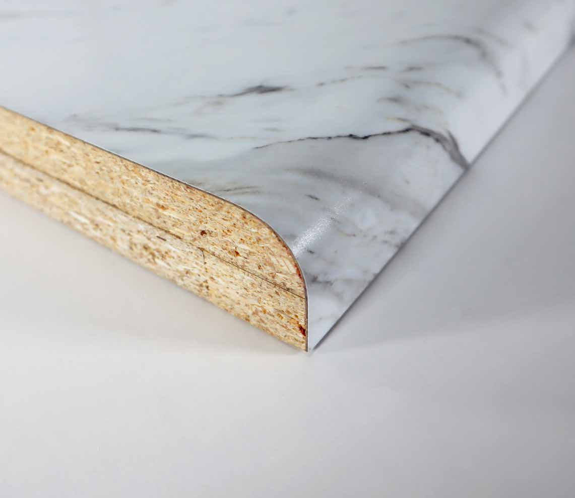 Marble-look post-form countertop showing the rolled edge profile