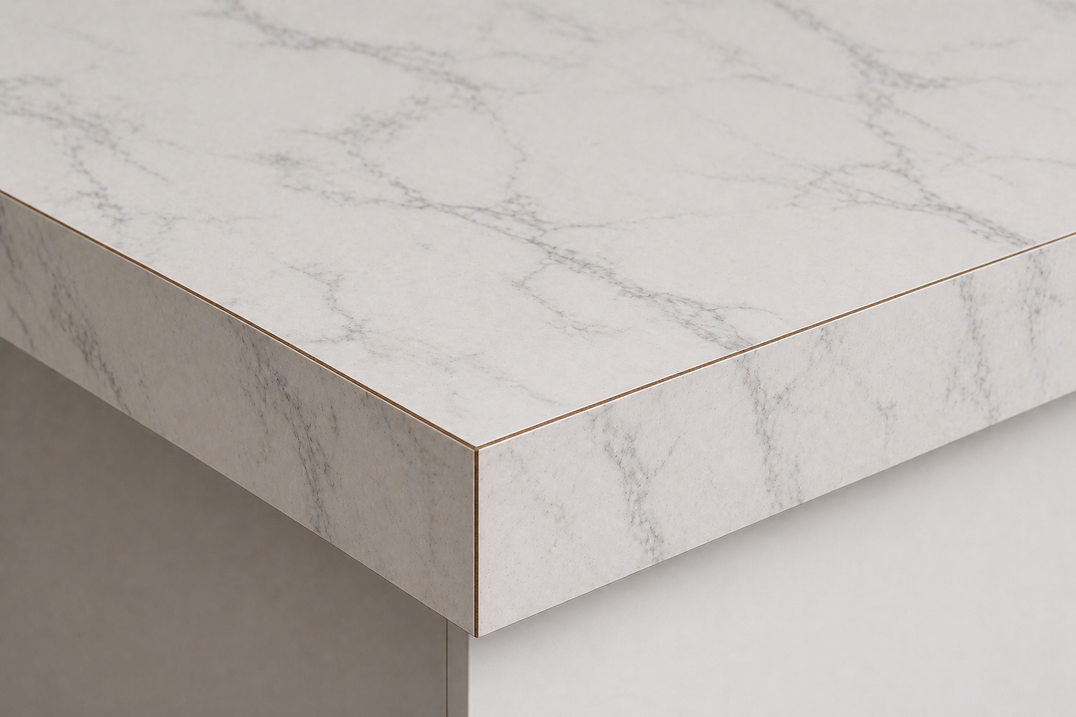 Custom self-edge laminate countertop with square 1.5-inch edge showing plywood substrate and white marble laminate