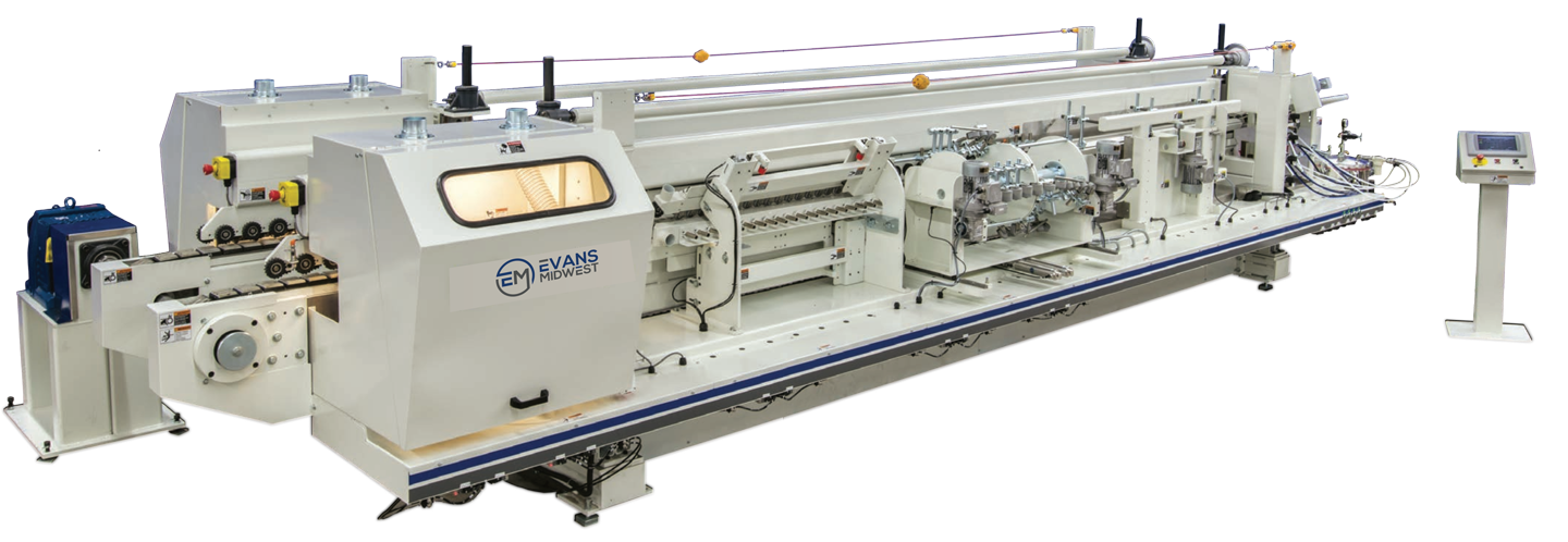 Evans Midwest UF2000 post-forming machine line with laminate being heat-formed around countertop edges