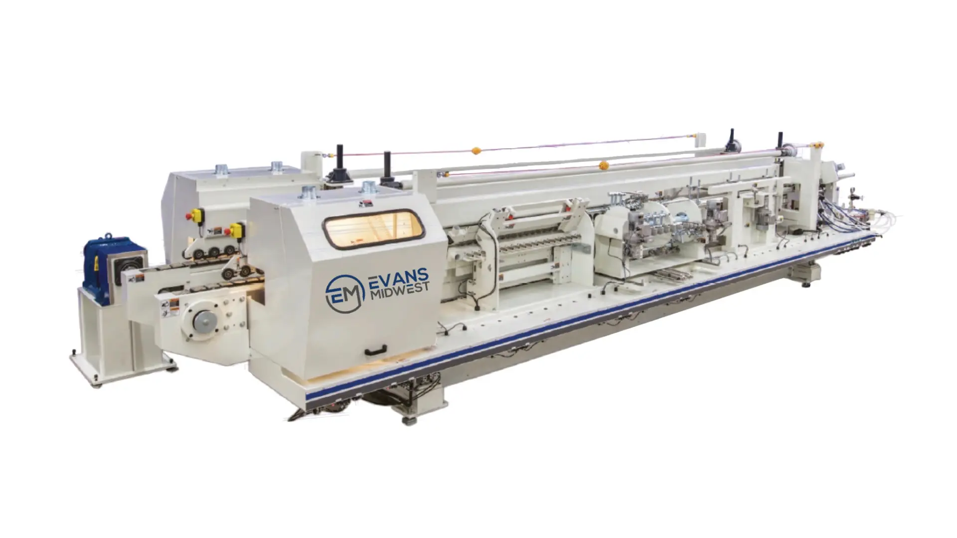 Evans Midwest UF2000 postformer using infrared heaters and compression rollers to wrap laminate around countertop edge